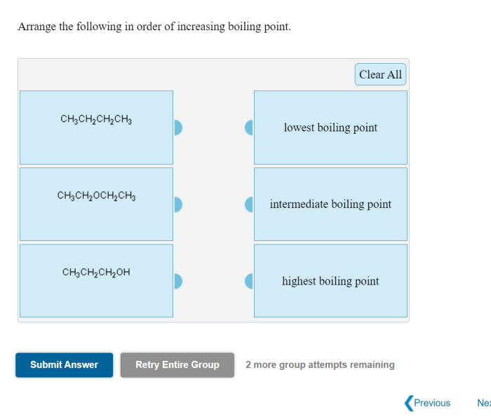 Arrange boiling increasing compounds intermediate ch3 ch2 chz cha